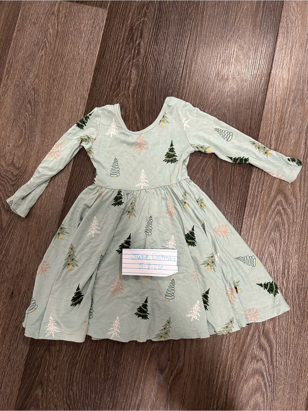 Light Sage Holiday Tree Print Toddler Girl Long Sleeve Dress